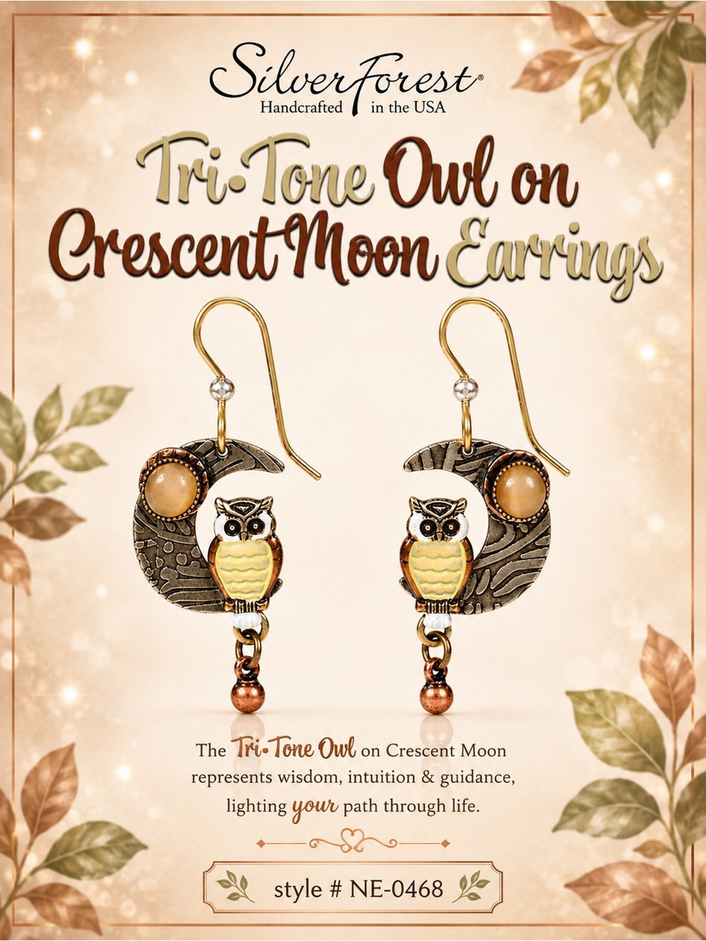 Silver Forest Tri-Tone Owl on Crescent Moon Earrings 🦉🌙